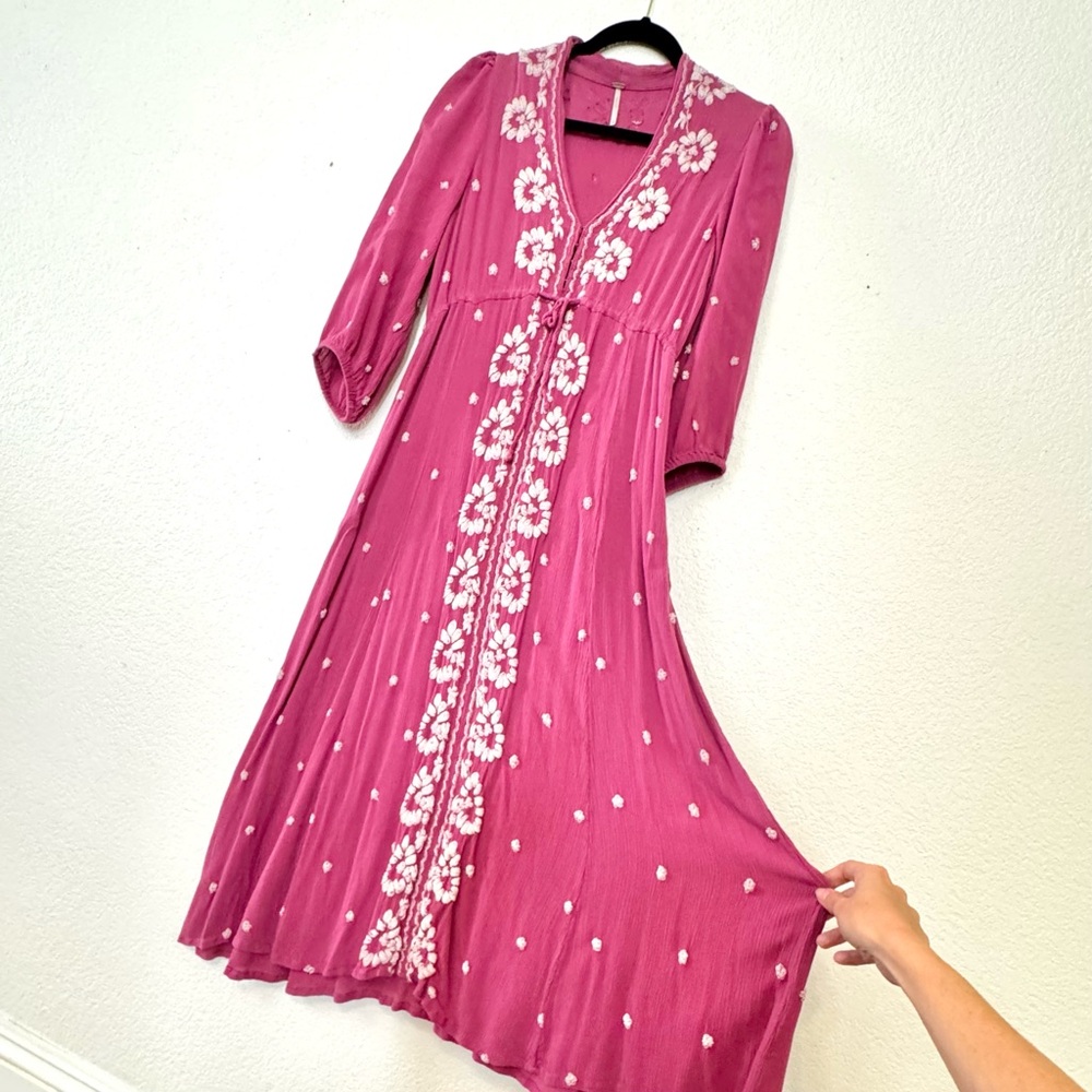 Free People Embroidered Fable Midi Dress - Raspberry Size Small - Picture 6 of 13
